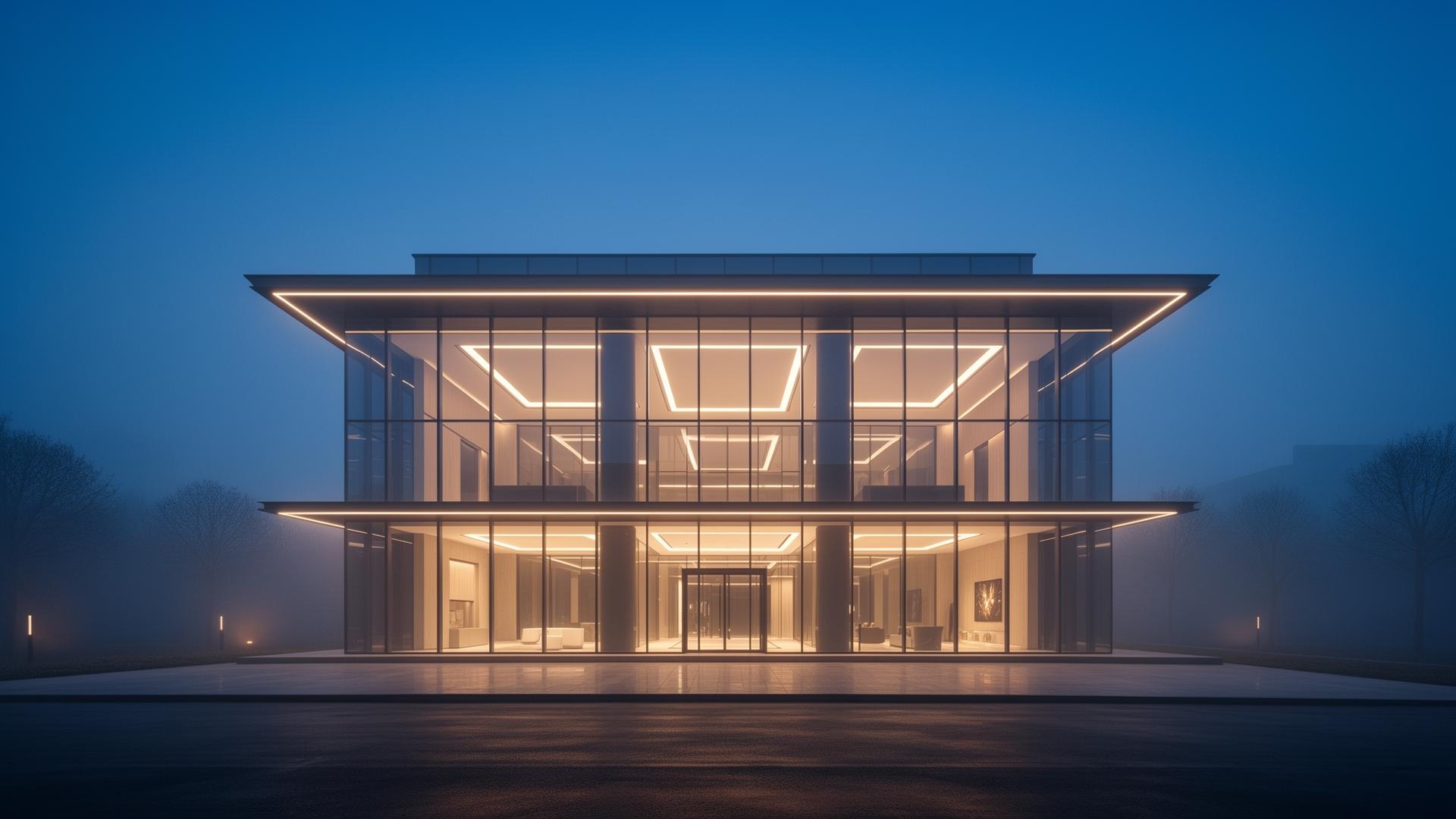 Modern smart building at twilight with integrated architectural lighting